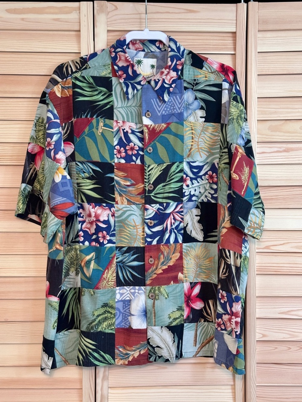 Banana‎ Cabana Silk Hawaiian Shirt Tropical Patchwork Men Large Floral Resort